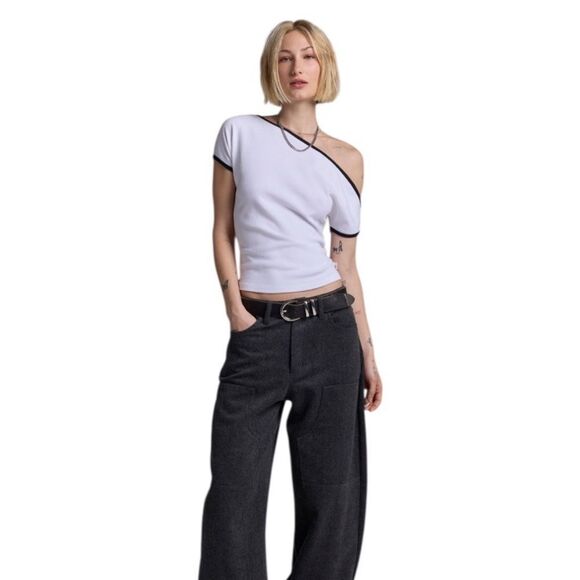 BDG | Sarah Off-Shoulder White and Black Trim Crop Top - Picture 2 of 4